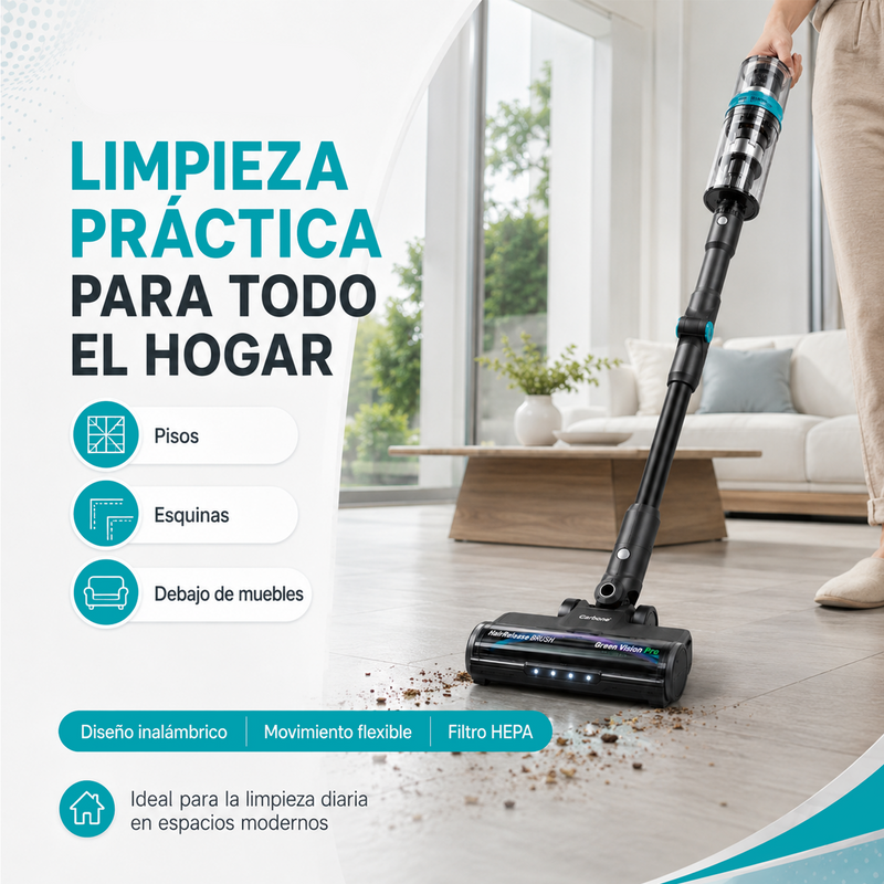 Aspiradora Inalámbrica Inteligente 400W 28KPa Recargable. Succión de Alta Potencia con Filtro HEPA y Cepillo Anti-Enredos.