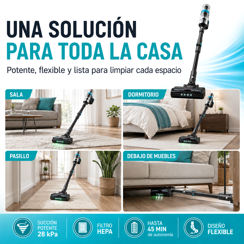 Aspiradora Inalámbrica Inteligente 400W 28KPa Recargable. Succión de Alta Potencia con Filtro HEPA y Cepillo Anti-Enredos.