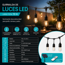Guirnalda De Luces LED (12 Metros) Con Panel Solar 1800mAh. Tira de 18 Bombillas S14 0.3W con 6 Modos De Iluminación Para exterior.