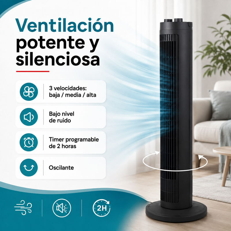 Ventilador De Torre 39" (99cm). Abanico Oscilante Con Control Remoto y 3 Velocidades 75W. Color Negro 110V.