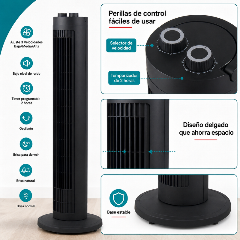 Ventilador De Torre 39" (99cm). Abanico Oscilante Con Control Remoto y 3 Velocidades 75W. Color Negro 110V.