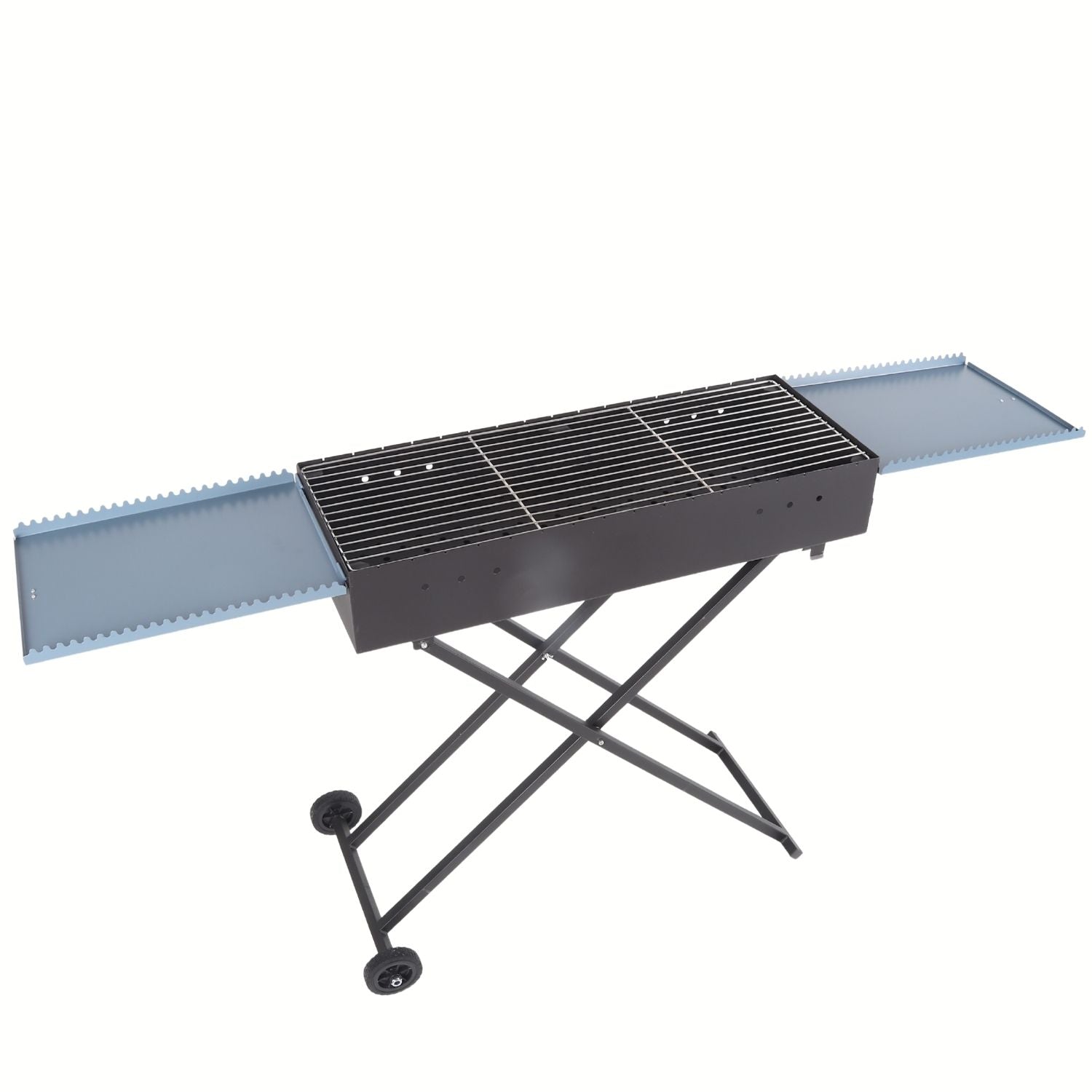 Parrilla de Carbón BBQ  30x80cm Portátil de Hierro con Tapas Laterales y Estantes. Asador a Carbon