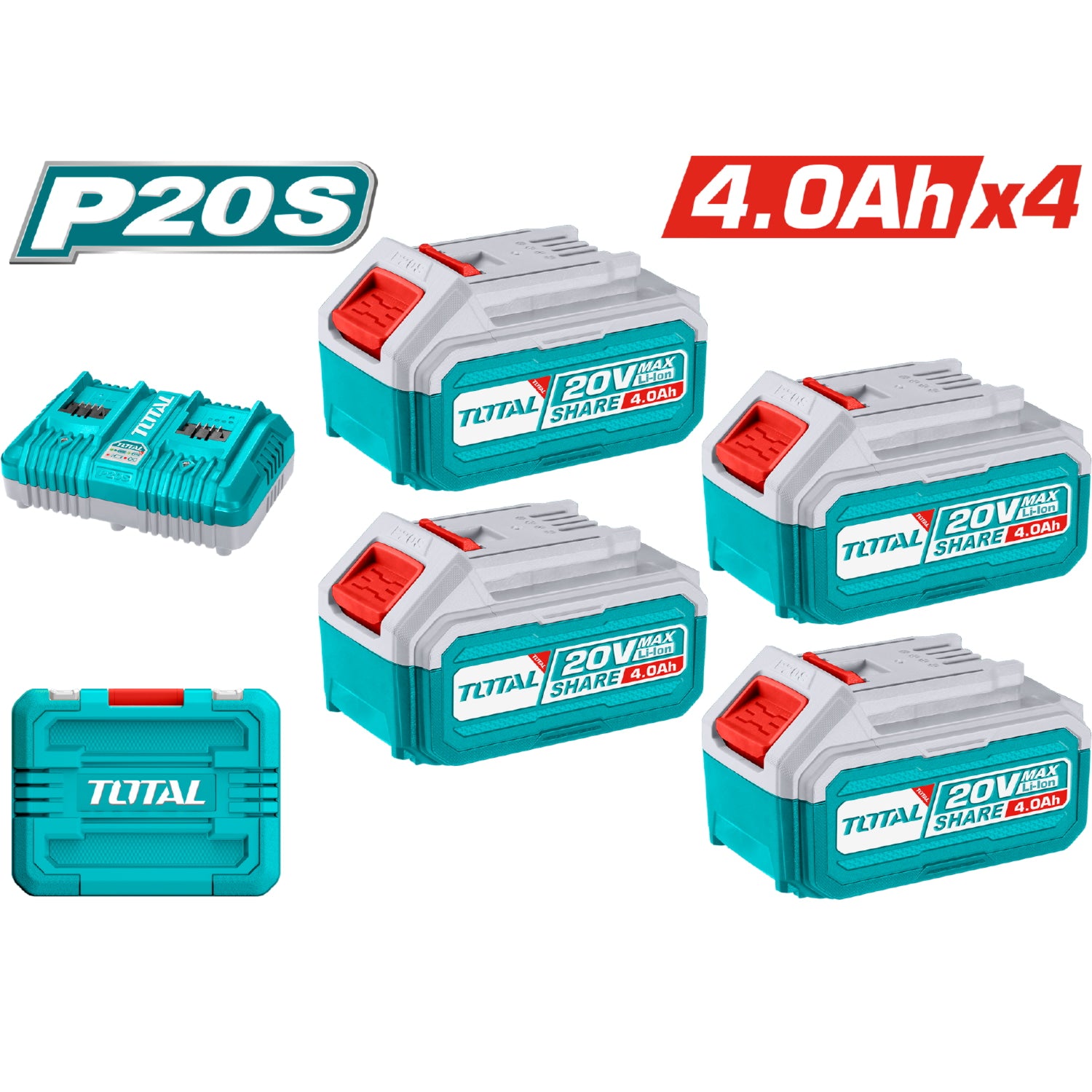 Baterías de Iones de Litio 20V 4.0Ah (4 unidades) y cargador. Compatible con Herramientas P20S. KIT