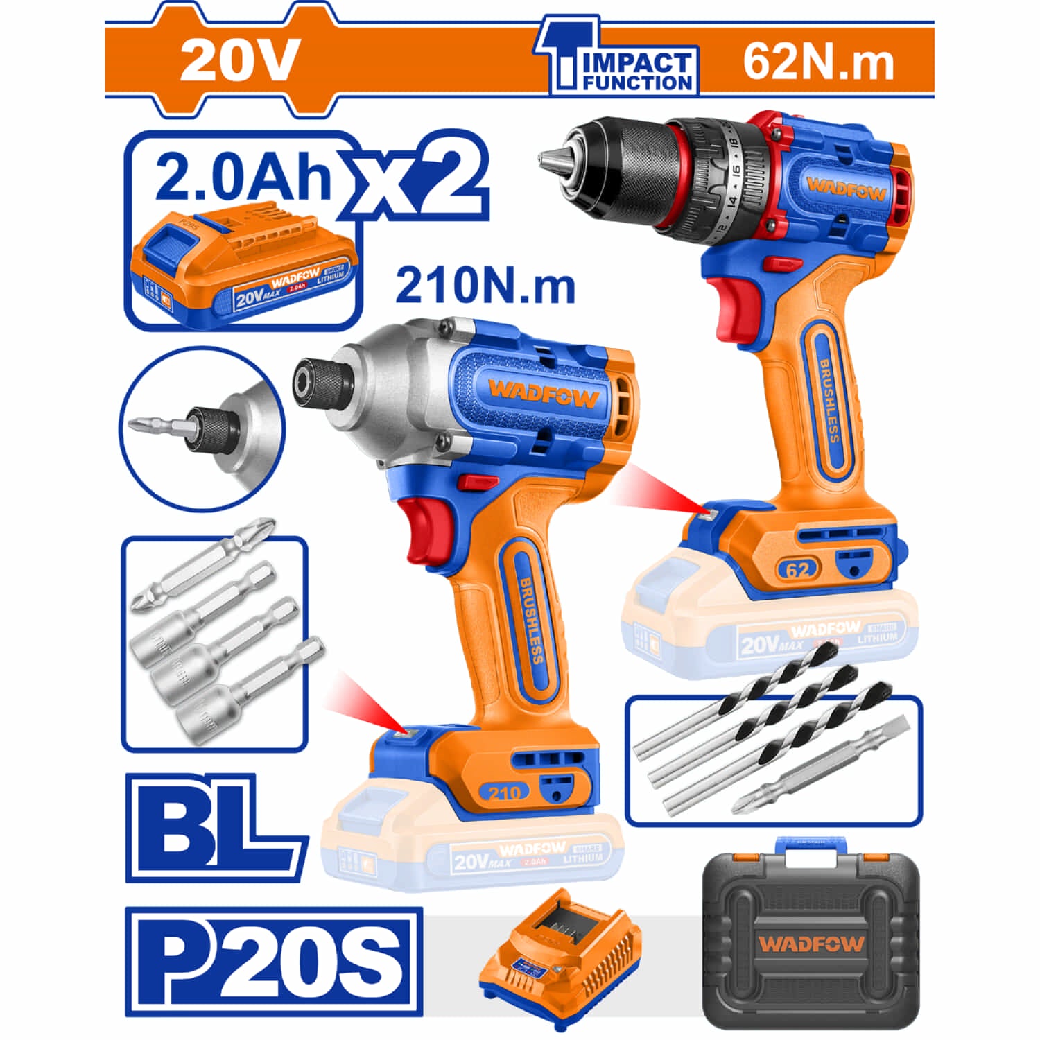 Combo Taladro Inálambrico 1/2" 62Nm y Destornillador Impacto Punta 6.35mm 210Nm Motor sin escobillas Incluye 2 Baterías y Cargador.