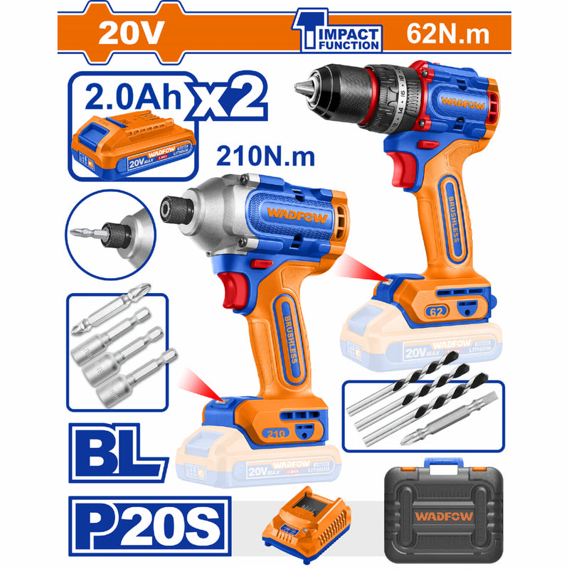Combo Taladro Inálambrico 1/2" 62Nm y Destornillador Impacto Punta 6.35mm 210Nm Motor sin escobillas Incluye 2 Baterías y Cargador.