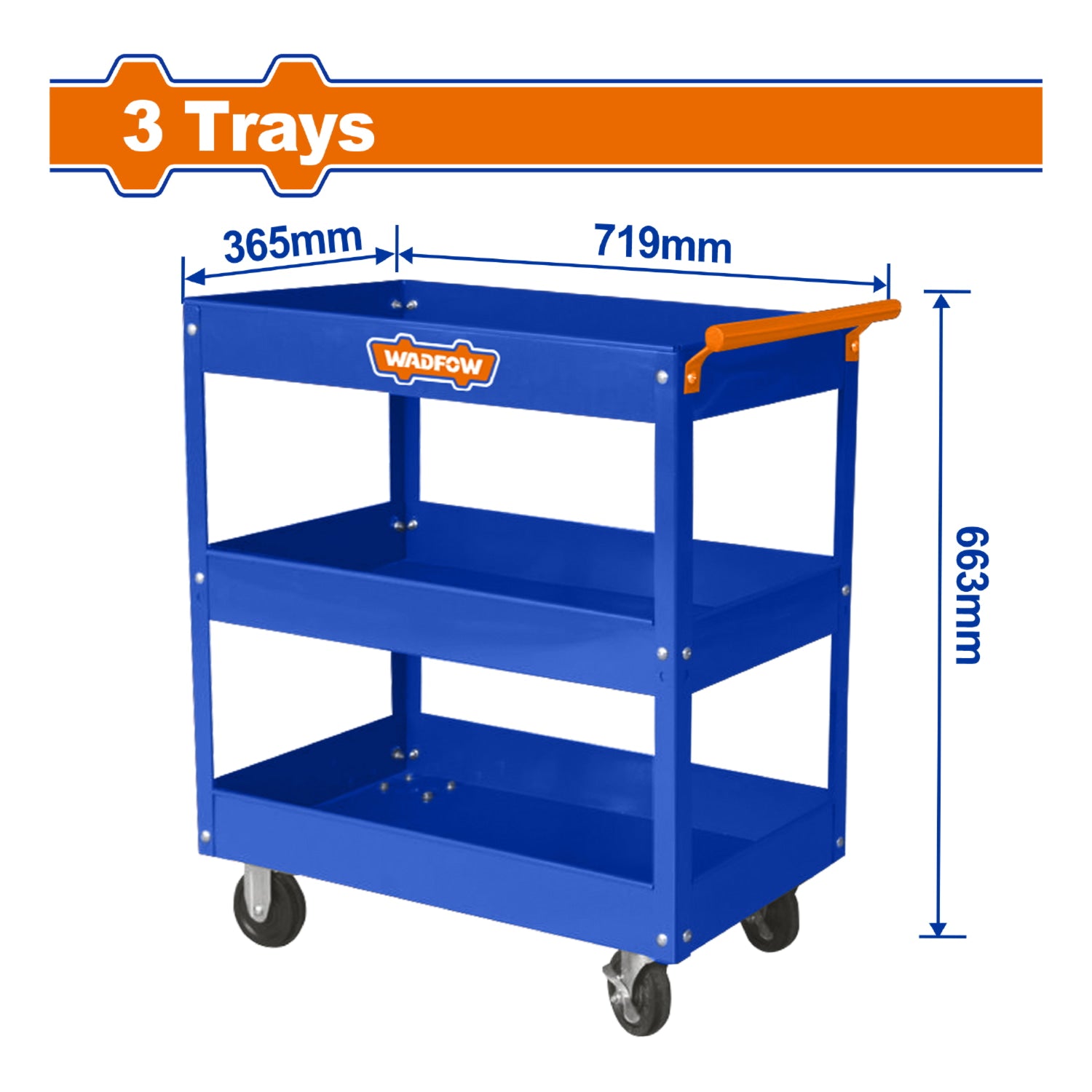 Carrito herramientas de servicio mecánico para taller con ruedas y 3 bandejas 719 x 365 x 663mm. Trolley