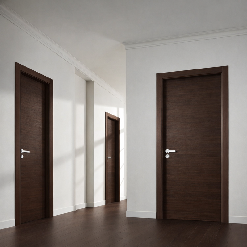 Puerta WPC 45mm madera interior Roble oscuro 85x215cm incluye marco completo y herrajes silver. Altisima calidad y resistencia