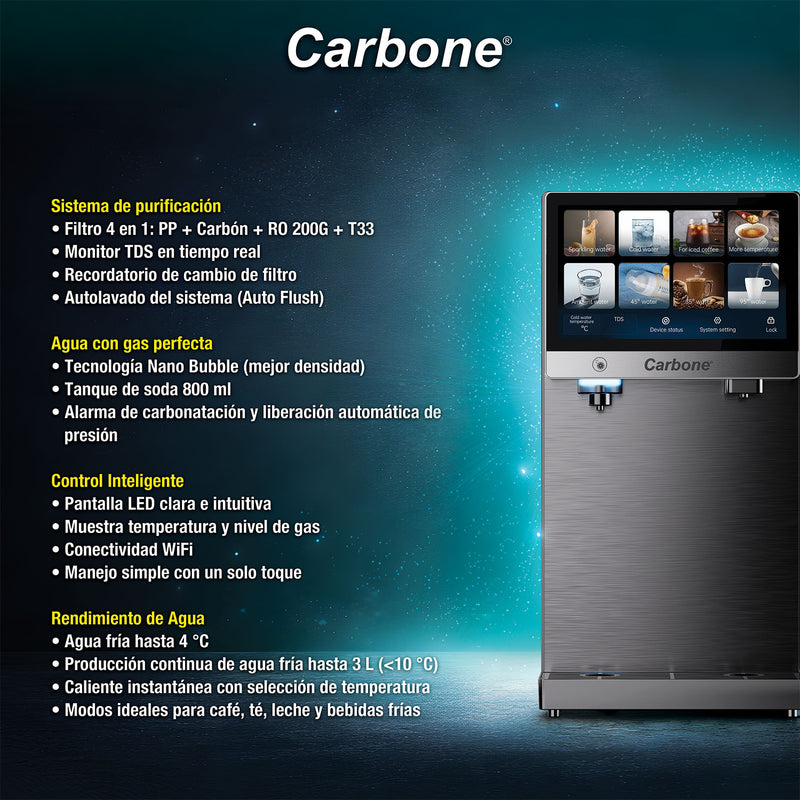 Dispensador de agua con ósmosis inversa agua fría, caliente y con gas. Incorpora filtro RO 200G esterilización UVC, control inteligente y soda instantánea. Fuente agua filtro