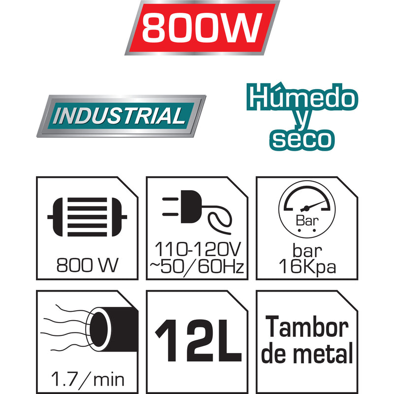 Aspiradora de Limpieza Seco o Mojado 12 L. 800W. Tanque acero inoxidable. 110v-120v/60Hz