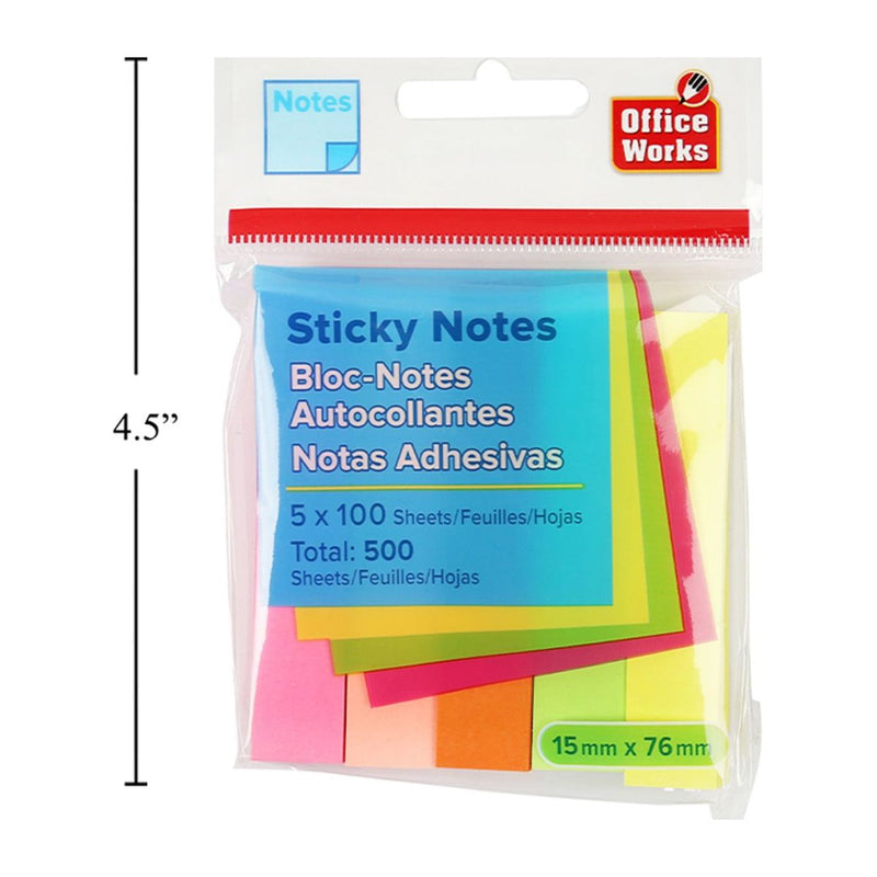 Notas adhesivas de 100 hojas, paquete de 5 de 76 x 15 mm, color neón, por paquete post it