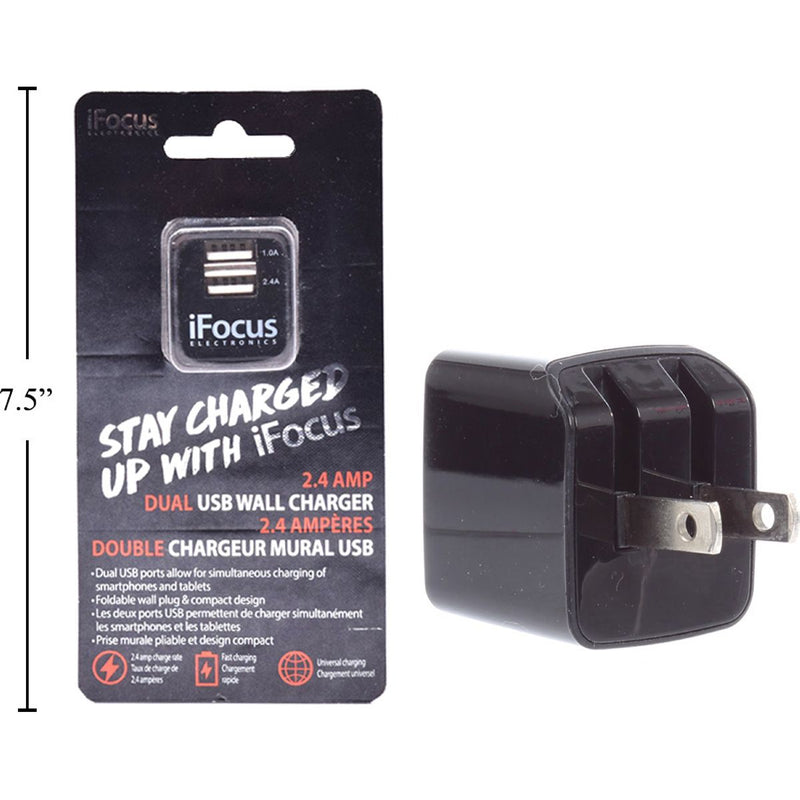 iFocus, cargador de pared USB de doble puerto, 5V / 2.4A, negro, b / c