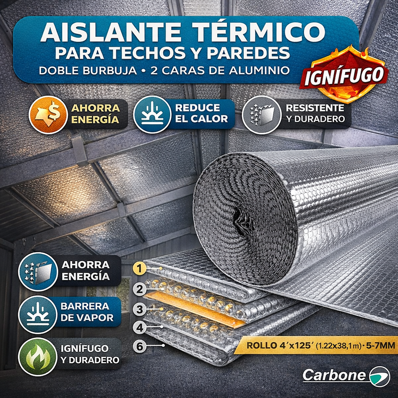 Aislante Térmico para Techos y Paredes – Doble Burbuja 2 Caras de Aluminio 97% Reflectividad – Rollo 4’x125’ (1.22x38.1m) 5-7mm – Ignífugo, Ahorra Energía y Reduce Calor