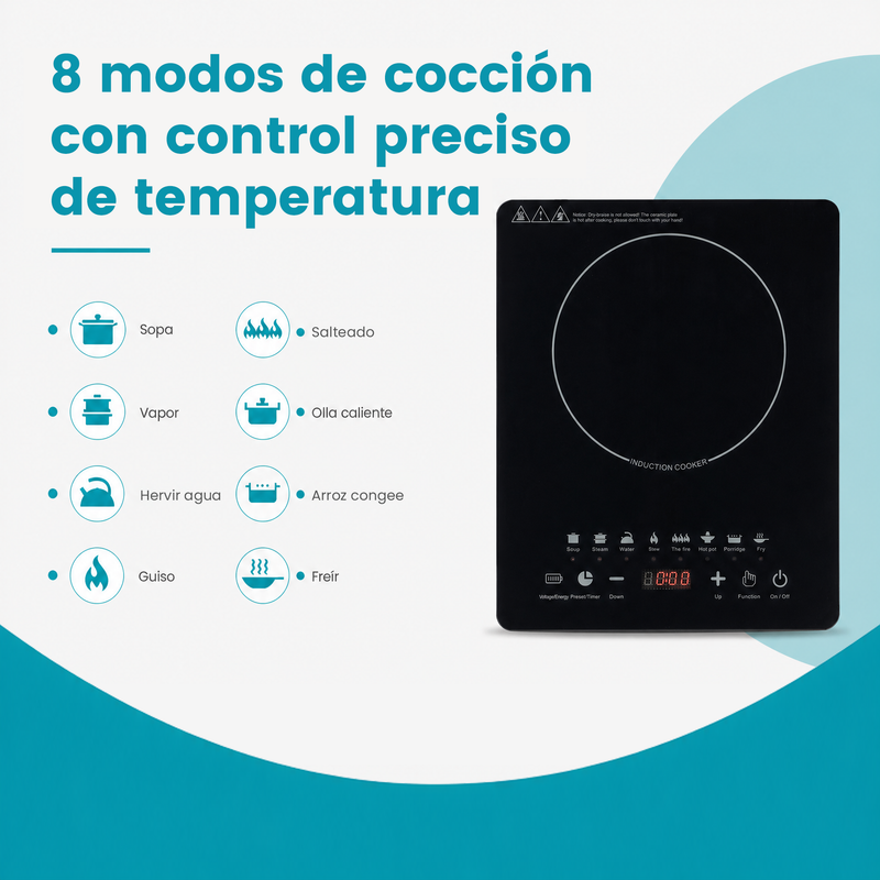 Estufa Inducción Eléctrica Portátil 2200W 110V con Control Táctil y Superficie de Vidrio. Cocina Eléctrica (28x35x6cm). Color Negro