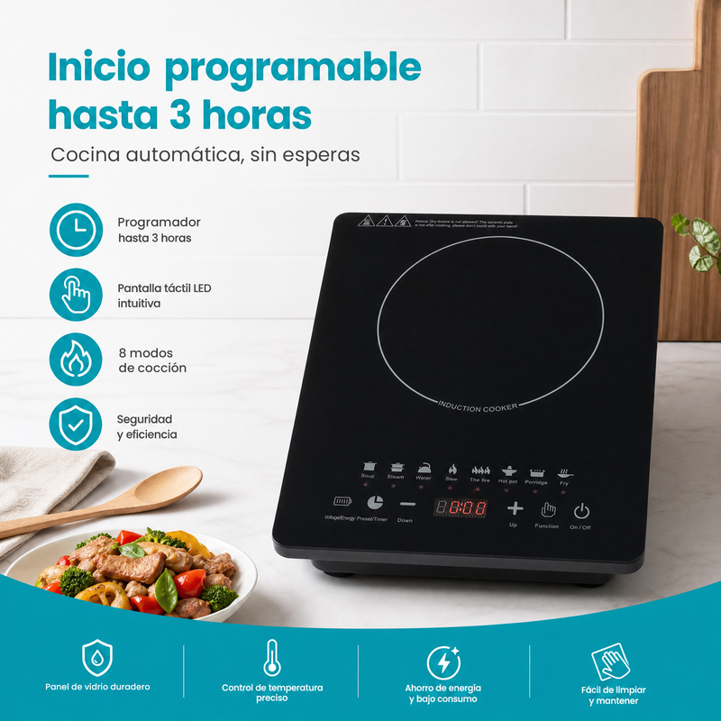 Estufa Inducción Eléctrica Portátil 2200W 110V con Control Táctil y Superficie de Vidrio. Cocina Eléctrica (28x35x6cm). Color Negro