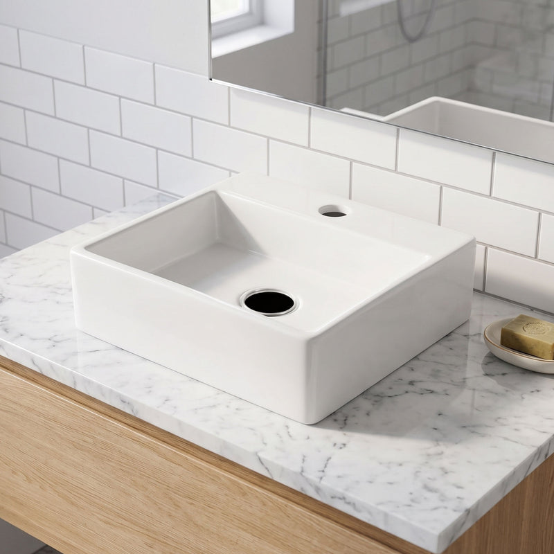 Lavamanos Chico de Sobreponer con perforación de grifo Rectangular 34x29x12 cm Cerámica Sanitaria Premium, Diseño Moderno