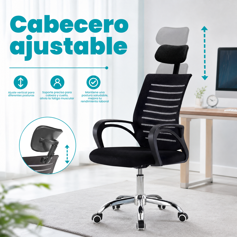 Silla de Oficina Ergonómica Negra con Reposacabezas y  Altura Ajustable. Silla de Escritorio con Malla Transpirable, Base de Acero y Ruedas (48x60x98-106cm)
