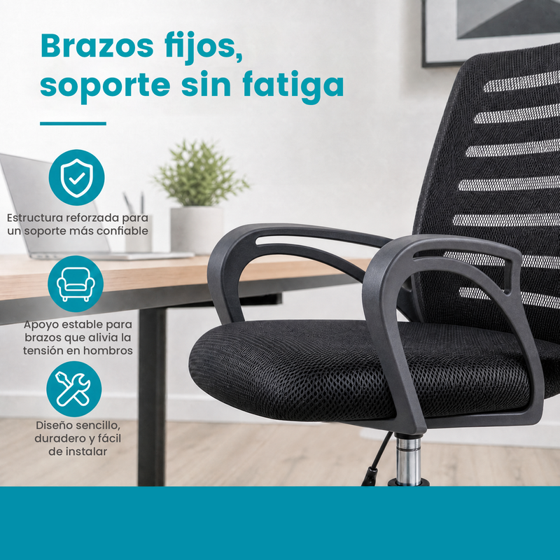 Silla de Oficina Ergonómica Negra con Reposacabezas y  Altura Ajustable. Silla de Escritorio con Malla Transpirable, Base de Acero y Ruedas (48x60x98-106cm)