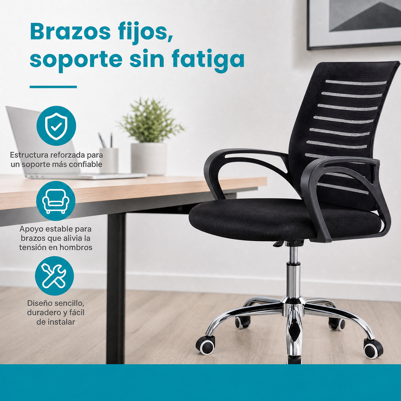 Silla de Oficina Negra con Altura Ajustable y Función Balanceo. Silla de Escritorio con Malla Transpirable y Base Metálica de 5 Puntas con Ruedas (48x60x88-96cm)