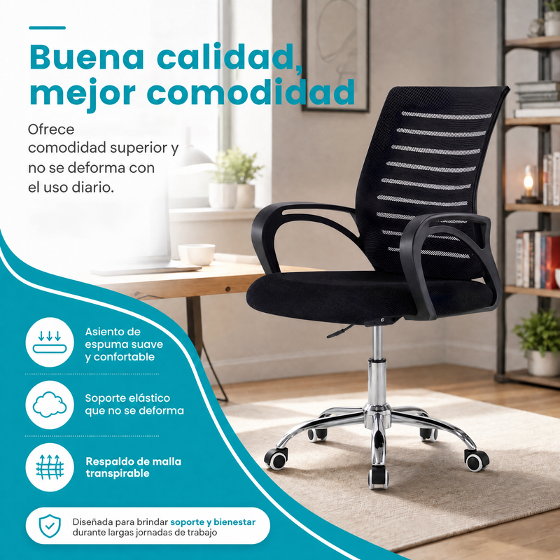 Silla de Oficina Negra con Altura Ajustable y Función Balanceo. Silla de Escritorio con Malla Transpirable y Base Metálica de 5 Puntas con Ruedas (48x60x88-96cm)