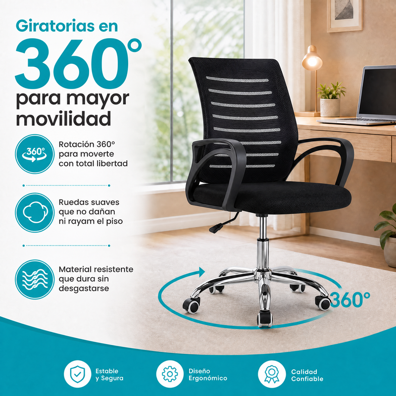 Silla de Oficina Negra con Altura Ajustable y Función Balanceo. Silla de Escritorio con Malla Transpirable y Base Metálica de 5 Puntas con Ruedas (48x60x88-96cm)