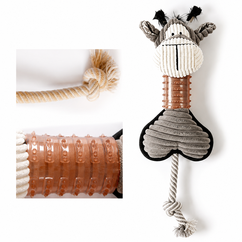 Juguete para Perro de Peluche masticable y funciona para limpieza dental. Color Gris.