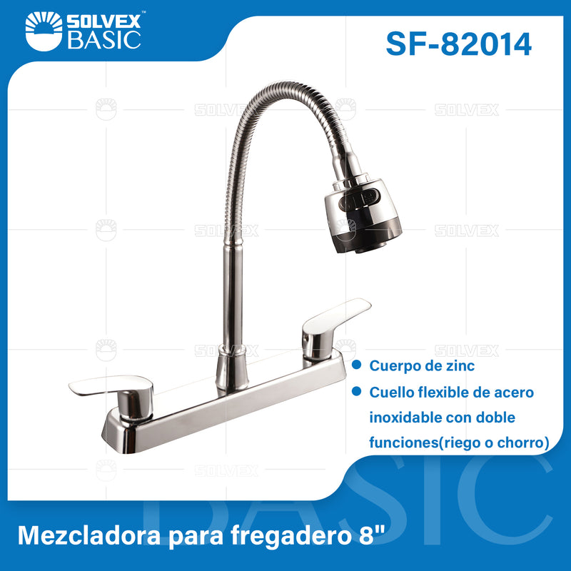 Grifo Mezclador 8" para fregador de Cocina. Pluma Llave Cromada con Cuello Flexible y Doble Función.
