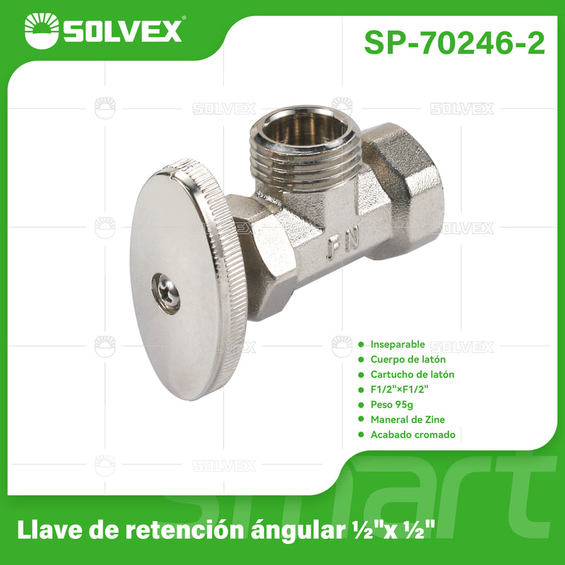 Llave De Ángulo 1/2" x 1/2" Para Agua Con Válvula De Retención Inseparable. Uso En Lavamanos Y fregadores. Cromada.