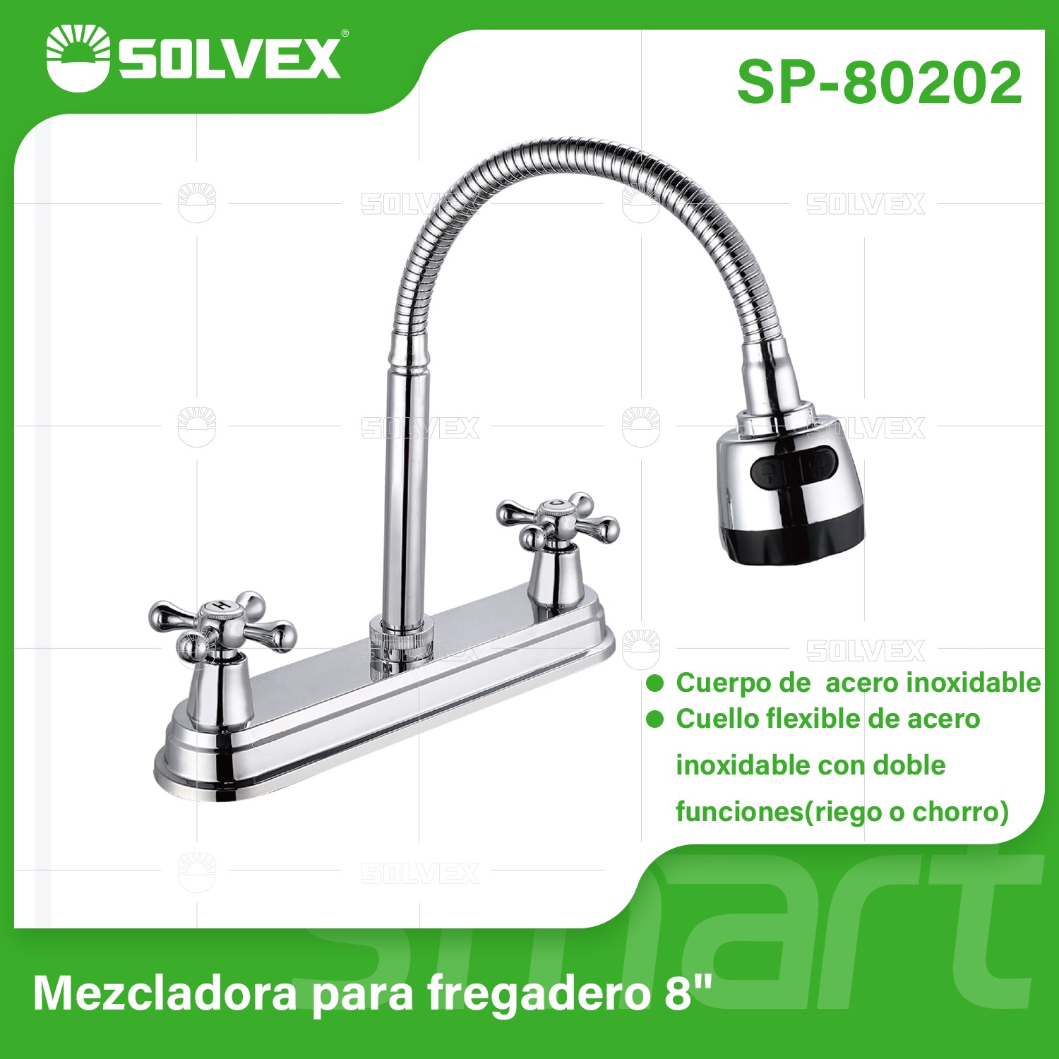 Llave para fregador de Cocina 8" Acero Inoxidable Cromado. Grifo Flexible con Pluma de Doble Función y Manijas Cruz.