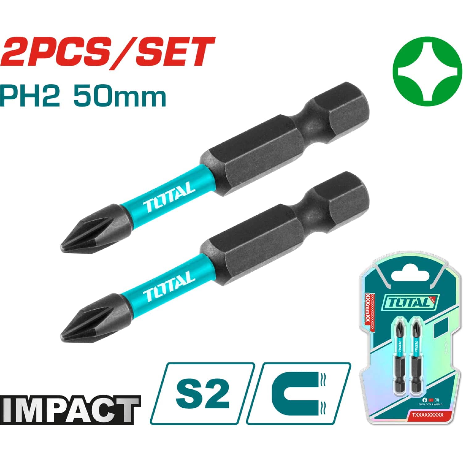 Puntas De Destornillador De Impacto PH2 50Mm S2 Set De 2 Pzas. Magnético. Tipo Phillips