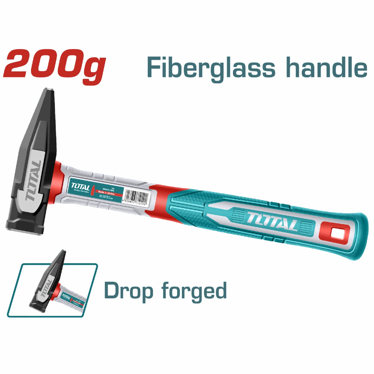 Martillo forjado,Tratamiento térmico, Acero #45  Mango Fibra de Vidrio. 200g.