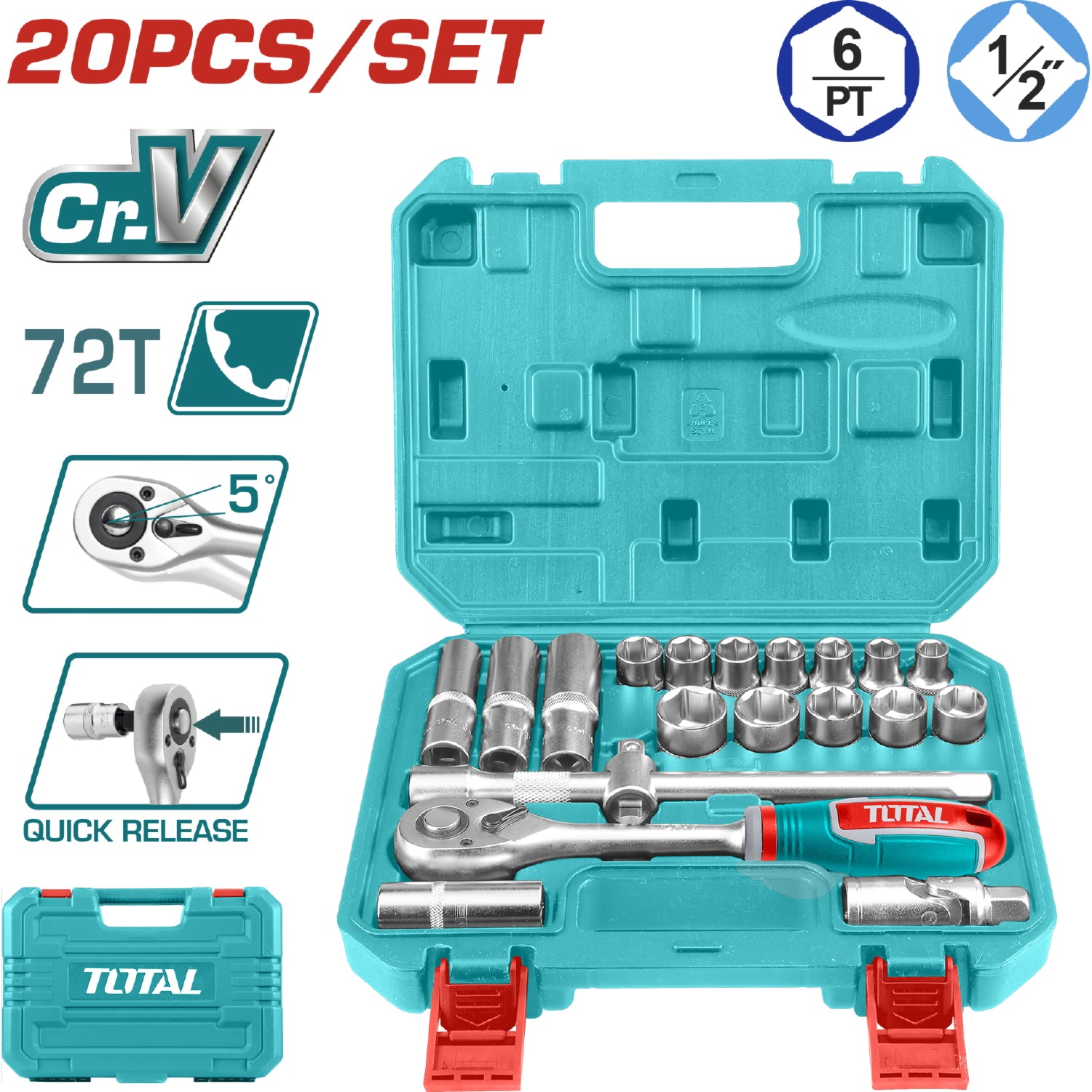 Dados Socket de 1/2" con rachet 20 piezas. Cr-V. Tratamiento térmico. Juego.