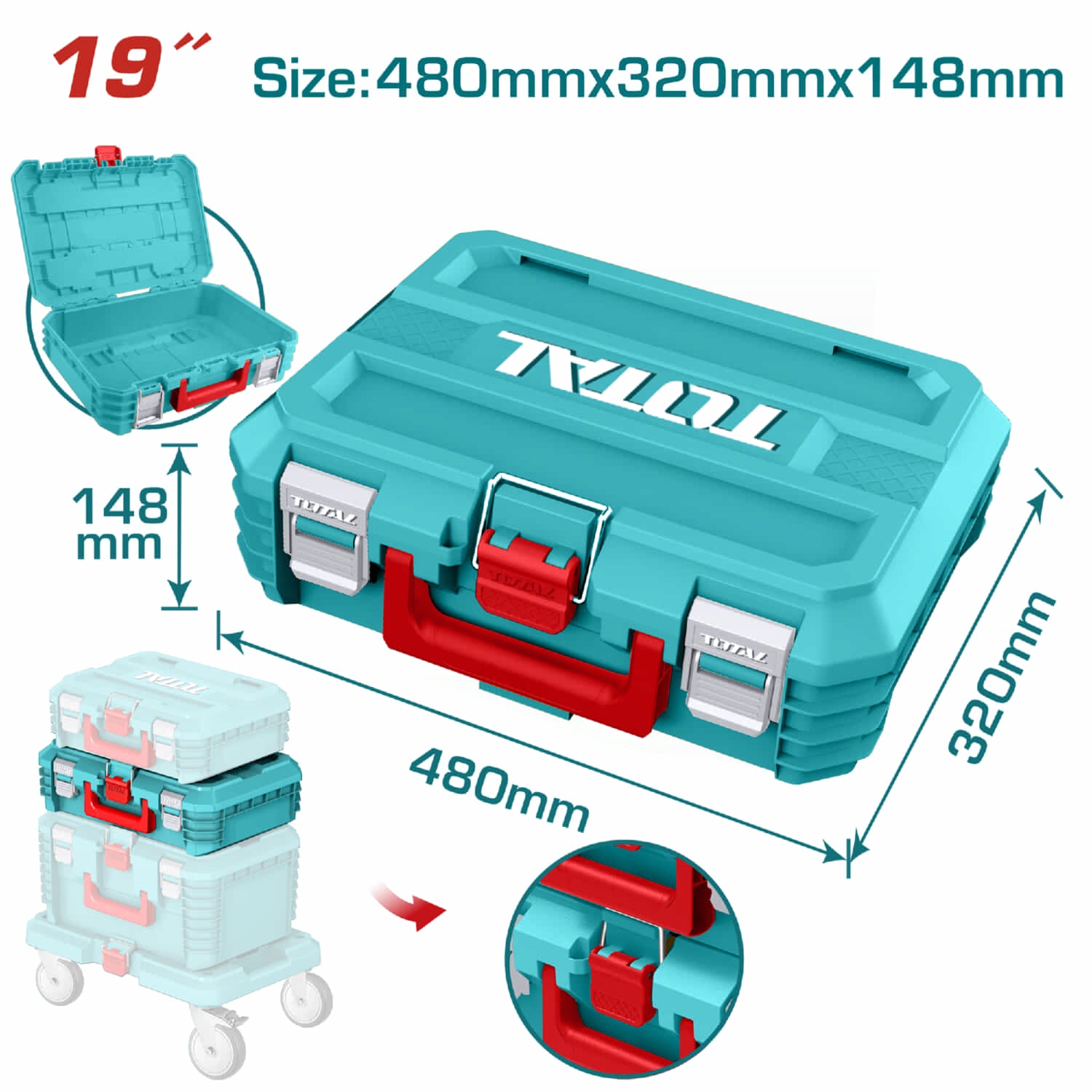 Caja de Herramientas Apilable de 19"  480 mm * 320 mm (12.5") * 148 mm (5.8"). Carga Máx 15 Kg Fácil de apilarse