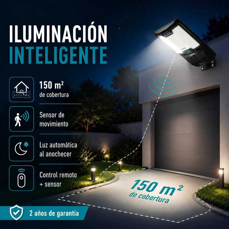 Lámpara Solar LED Exterior de 500W Con Control Remoto Sensor, Radar Y Luz Inteligente. Autonomía Hasta 3 días. Cobertura 150m². No incluye tubo/poste.