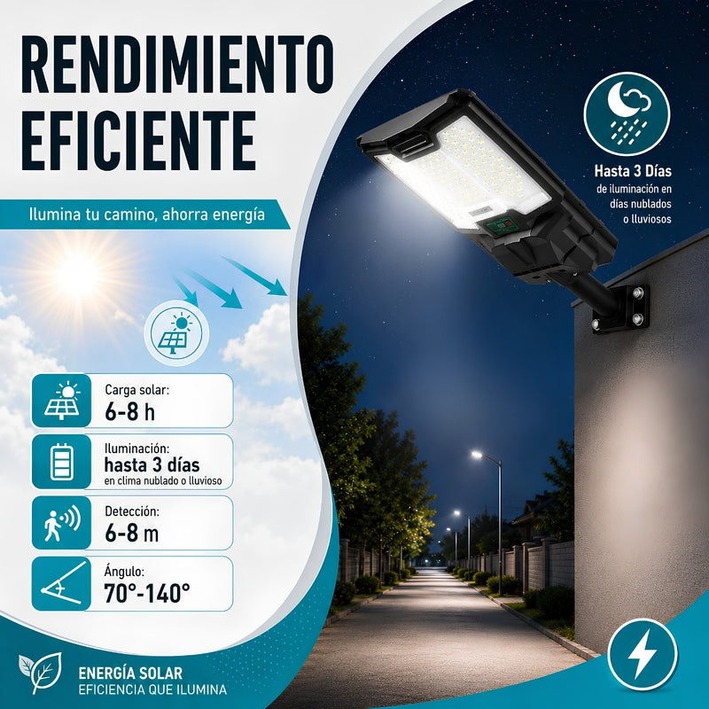 Lámpara Solar LED Exterior de 500W Con Control Remoto Sensor, Radar Y Luz Inteligente. Autonomía Hasta 3 días. Cobertura 150m². No incluye tubo/poste.