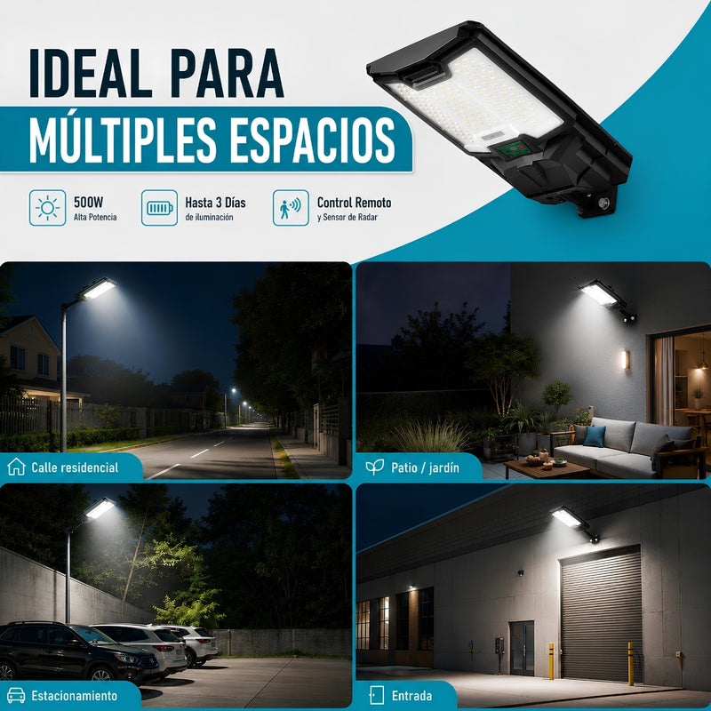 Lámpara Solar LED Exterior de 500W Con Control Remoto Sensor, Radar Y Luz Inteligente. Autonomía Hasta 3 días. Cobertura 150m². No incluye tubo/poste.