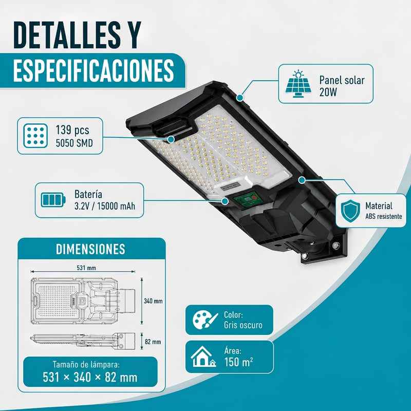 Lámpara Solar LED Exterior de 500W Con Control Remoto Sensor, Radar Y Luz Inteligente. Autonomía Hasta 3 días. Cobertura 150m². No incluye tubo/poste.
