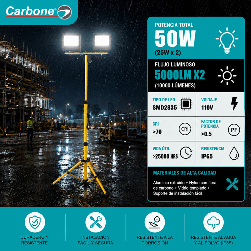 Reflector De Trabajo LED 10000 Lúmenes Con Trípode Ajustable. Torre De Iluminación Doble 50W. Luz de trabajo IP65.