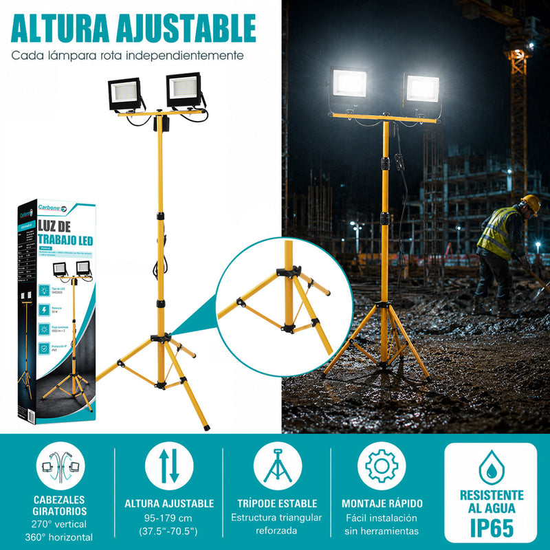 Reflector De Trabajo LED 10000 Lúmenes Con Trípode Ajustable. Torre De Iluminación Doble 50W. Luz de trabajo IP65.