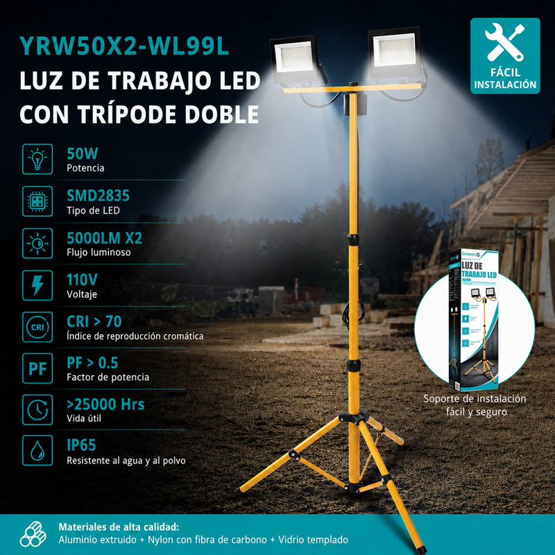 Reflector De Trabajo LED 10000 Lúmenes Con Trípode Ajustable. Torre De Iluminación Doble 50W. Luz de trabajo IP65.
