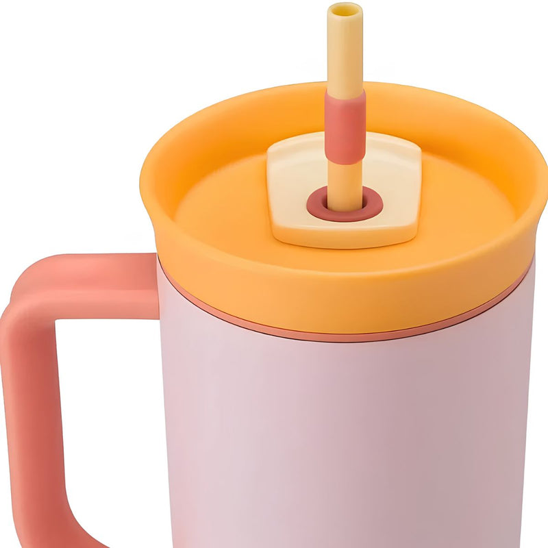 Botella De Agua Termo De 40oz con carrizo. Vaso Térmico De Acero Inoxidable con popote. Color rosado con naranja.