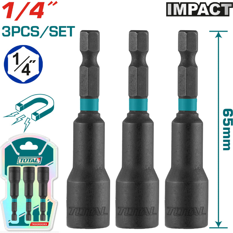 Set 3pcs Copas hexagonales magneticas 1/4". Largo 65 mm. Material: 50BV30.