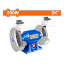 Esmeril de banco de 110-120V~60Hz. Potencia 200W. Velocidad Max. 3450 rpm. Rueda 150 mm (6"). Esmeriladora afilador