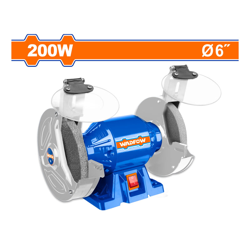 Esmeril de banco de 110-120V~60Hz. Potencia 200W. Velocidad Max. 3450 rpm. Rueda 150 mm (6"). Esmeriladora afilador