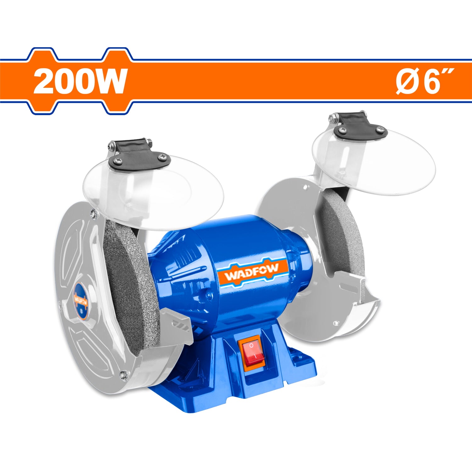 Esmeril de banco de 110-120V~60Hz. Potencia 200W. Velocidad Max. 3450 rpm. Rueda 150 mm (6"). Esmeriladora afilador