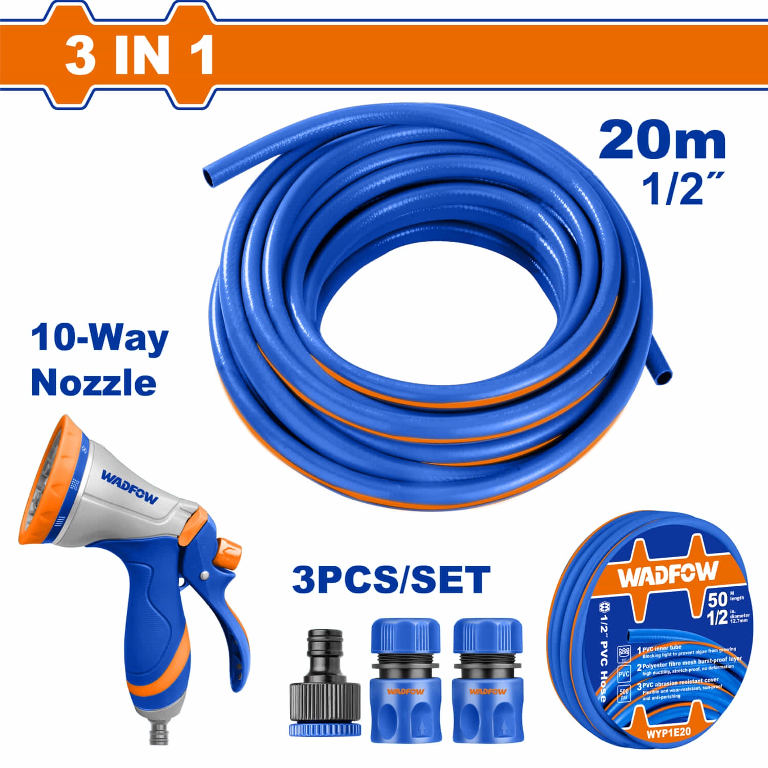 Manguera agua 1/2" jardin de PVC 65 pies (20mts) con Conectores y Boquilla Metálica de 10 Patrones de Rociado, Adaptador Grifo y Tope de Agua. Set de 5 piezas.