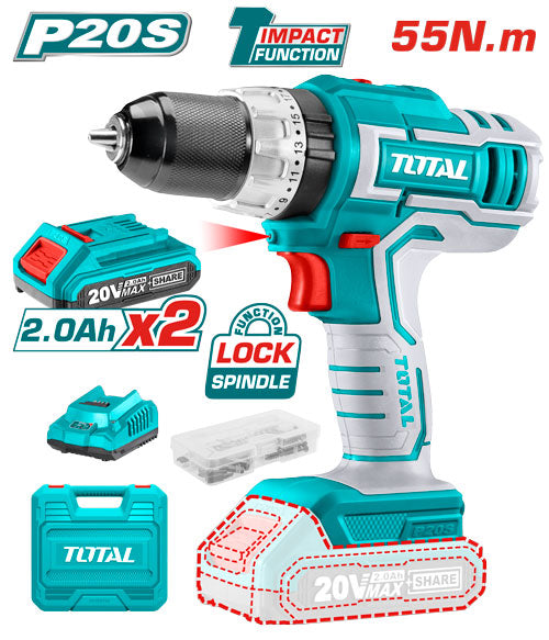 Taladro drill inalámbrico de 1/2" 20V función de impacto 2 baterías y cargador.