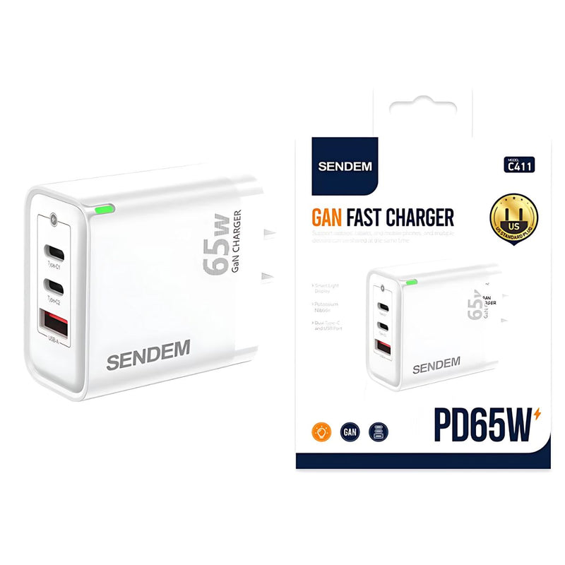 Cubo carga rápida de 65W. Cargador con 2 puerto Tipo-C y 1 USB. (No incluye cable).