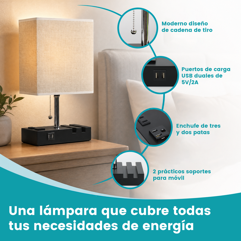 Lámpara de Mesa Multifuncional con Puertos USB y Tomas de Corriente 110V 60W. Luz Ajustable 3 Tonos con Soporte para Teléfono.Color Beige