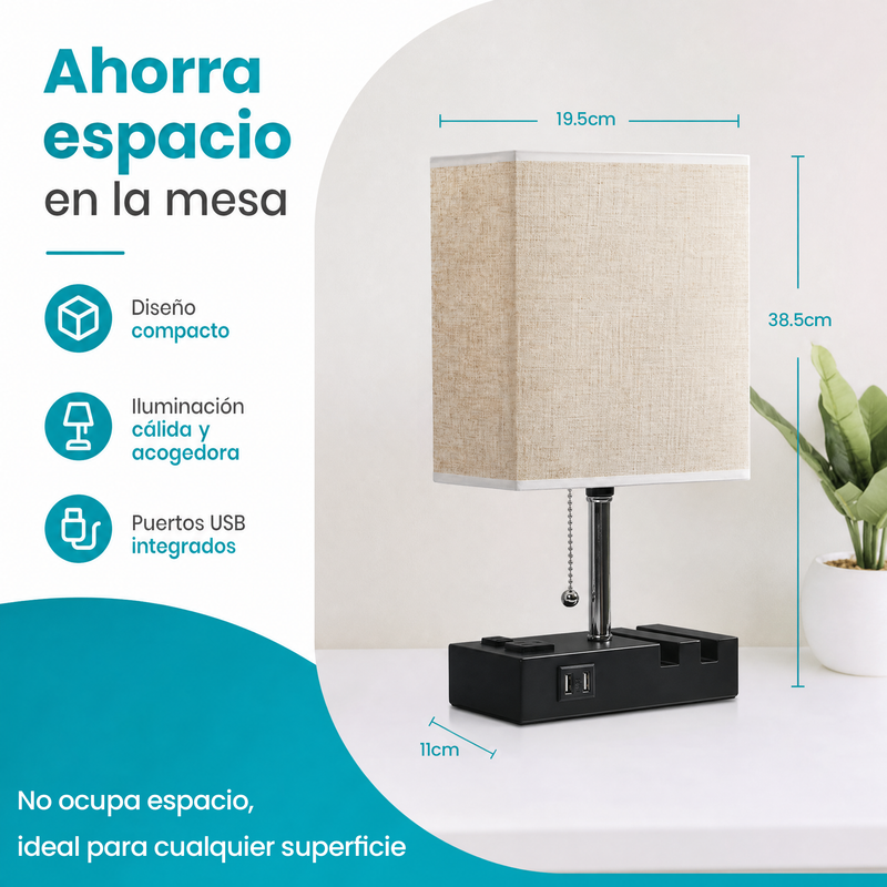 Lámpara de Mesa Multifuncional con Puertos USB y Tomas de Corriente 110V 60W. Luz Ajustable 3 Tonos con Soporte para Teléfono.Color Beige