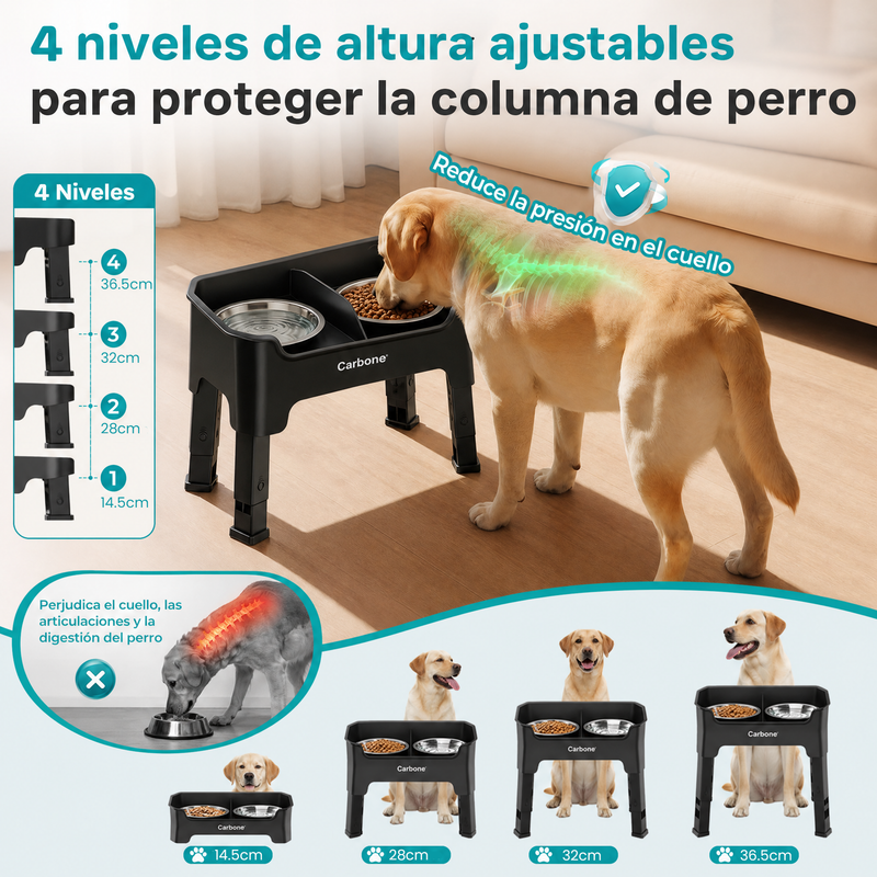 Comedero Elevado para Perros Ajustable con 2 Tazones de Acero Inoxidable Antideslizante  Antiderrames. Bowl para Mascotas con 4 Niveles de Altura. Color Negro (44X26.5X14.5cm)